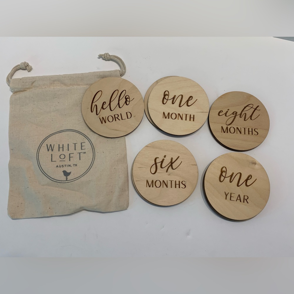White Loft Laser Engraved Wooden Milestone Markers Birth - 12 Mos Cursive Photos